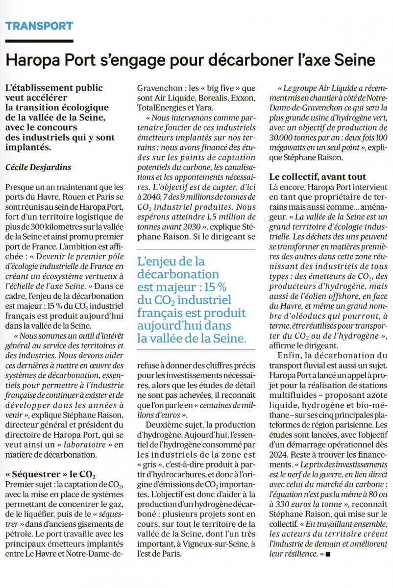 Lu dans Les Echos : Haropa Port s'engage pour décarboner l'axe Seine.