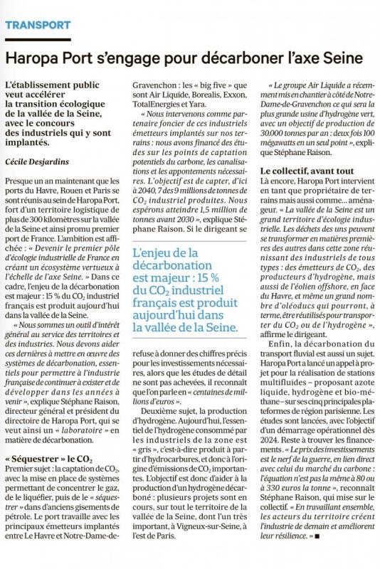 Lu dans Les Echos : Haropa Port s'engage pour décarboner l'axe Seine.