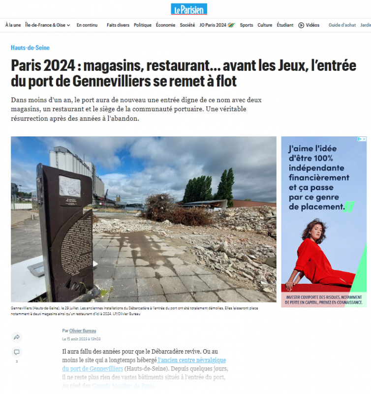 Lu dans Le Parisien : Paris 2024 : magasins, restaurant... avant les Jeux, l'entrée du port de Gennevilliers se remet à flot