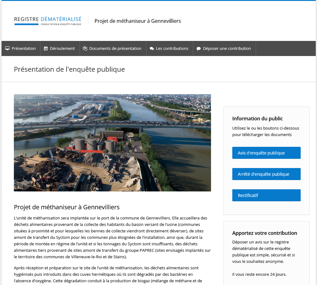 Enquête publique sur le projet d’unité de méthanisation à Gennevilliers et son plan d’épandage associé
