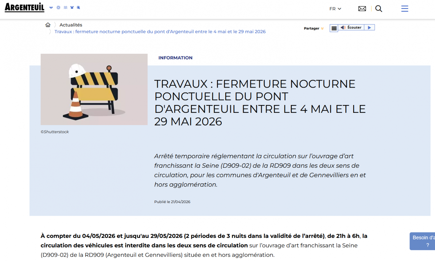 HAROPA PORT - Port de Gennevilliers - Information travaux Pont Argenteuil - 3 fermetures nocturnes en mai 2026