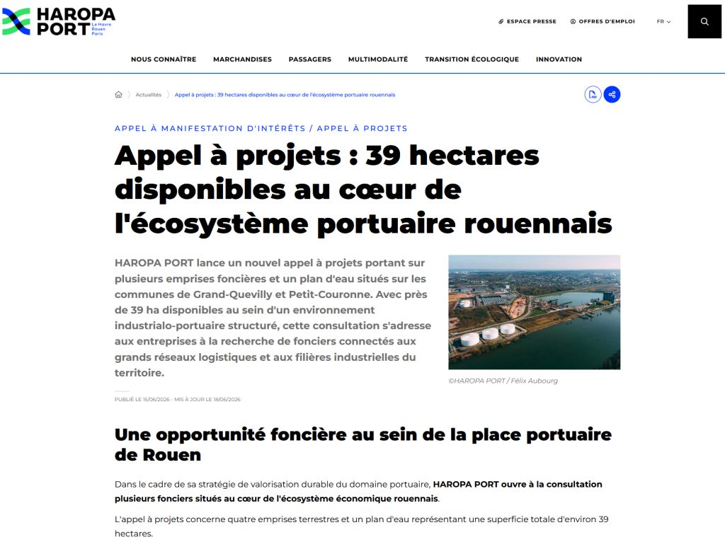 HAROPA PORT lance un Appel à Projet : 39 hectares disponibles au c½ur de l'écosystème portuaire rouennais