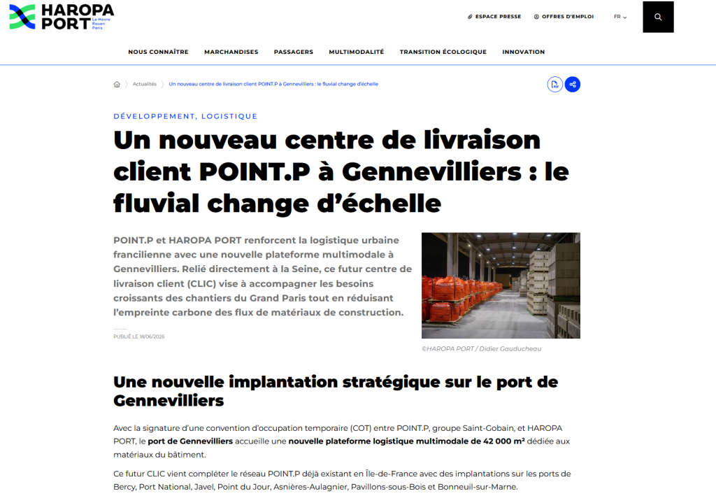 Un nouveau centre de livraison client POINT.P au Port de Gennevilliers : le fluvial change d’échelle